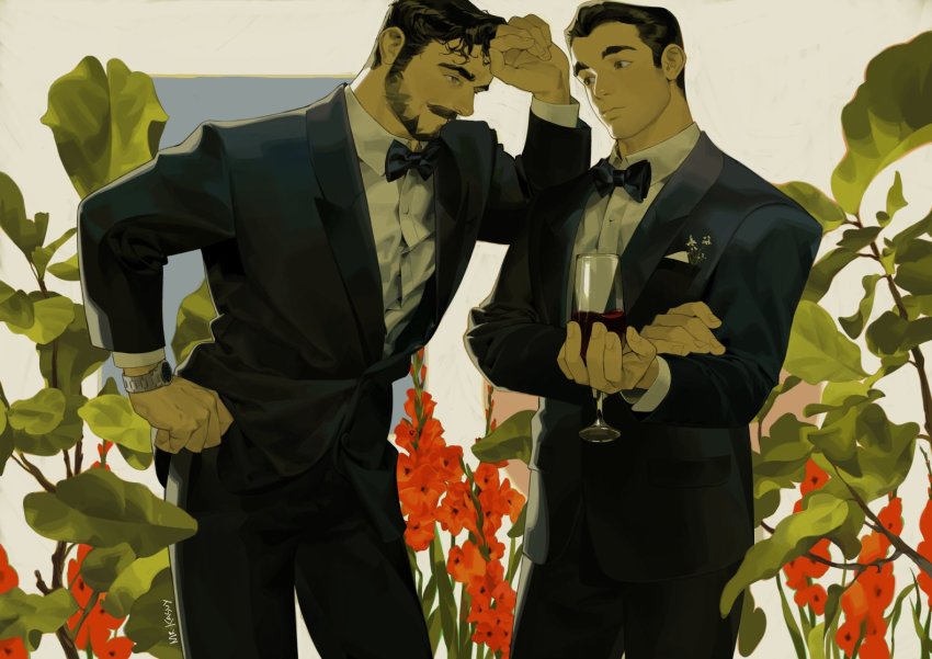 2boys beard black_hair bow bowtie couple cup drinking_glass facial_hair feet_out_of_frame flower flower_request formal_clothes holding holding_cup husband_and_husband looking_at_another male_focus mature_male mr_kasuy multiple_boys original plant short_hair sideburns undershirt watch wine_glass wristwatch