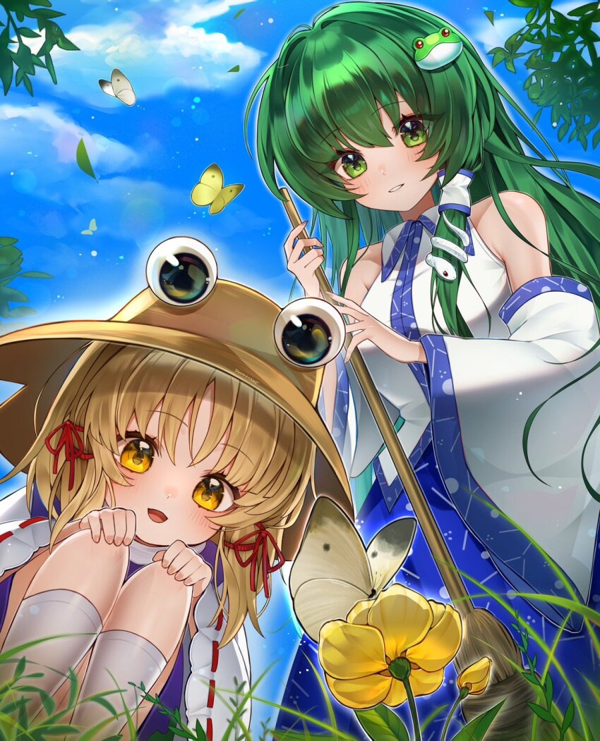 2girls :d bare_shoulders blonde_hair blue_skirt blue_sky blush breasts broom brown_hat bug butterfly cloud collared_shirt commentary detached_sleeves dot_nose double-parted_bangs flower frog_hair_ornament green_eyes green_hair hair_intakes hair_ornament hair_ribbon hair_tubes hat highres holding holding_broom insect kneehighs kochiya_sanae large_breasts leaf long_hair long_sleeves looking_at_flowers looking_down moriya_suwako multiple_girls open_mouth patterned_clothing print_skirt purple_vest red_ribbon ribbon samon_(vxxr8575) shirt single_hair_tube single_sidelock skirt skirt_set sky sleeveless sleeveless_shirt smile snake_hair_ornament socks squatting symbol-only_commentary touhou vest white_sleeves white_socks wide_sleeves yellow_eyes