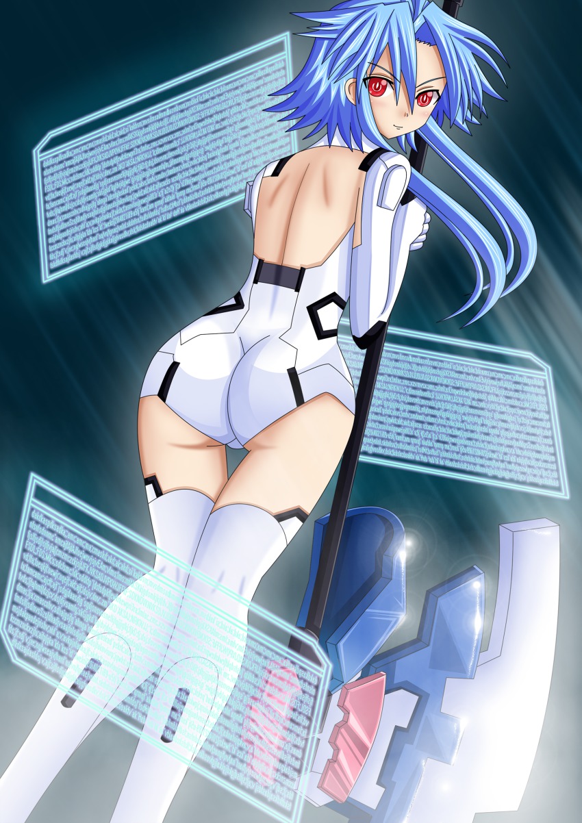 10s 1girl absurdres artemisumi ass axe back bare_shoulders blanc_(neptunia) blue_hair blush bodysuit elbow_gloves female_focus from_behind gloves highres looking_at_viewer looking_back neptune_(series) red_eyes short_hair_with_long_locks sidelocks smile solo symbol-shaped_pupils thighhighs turning_head weapon white_heart_(neptunia) white_thighhighs