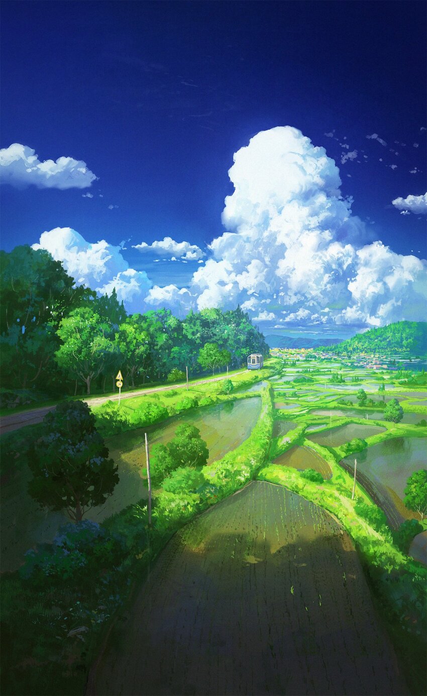 bus cloud cloudy_sky commentary cumulonimbus_cloud cyclecircle dirt_road english_commentary highres motor_vehicle mountain no_humans original rice_paddy road road_sign scenery shadow sign sky town tree