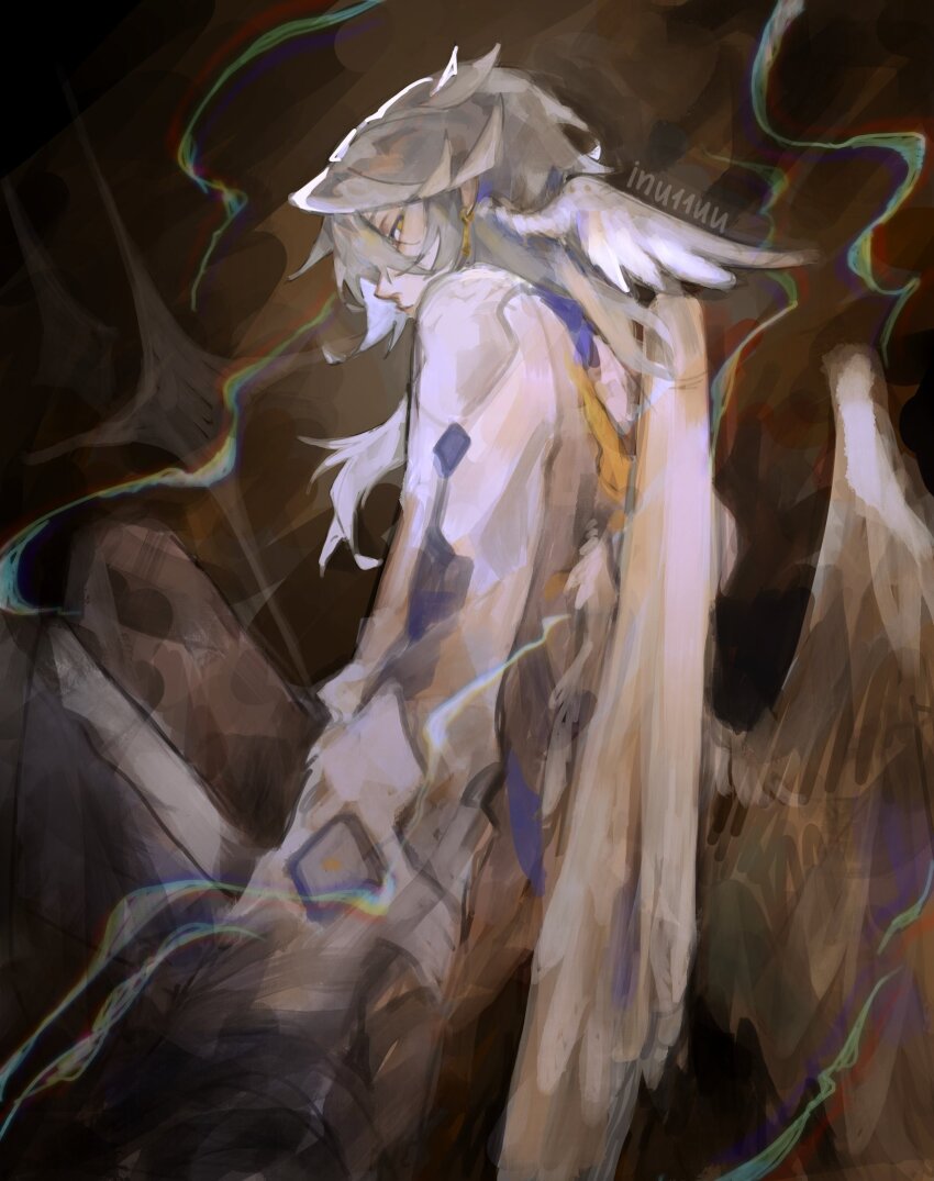 1boy angel_wings coat commentary dark earrings feathered_wings from_behind from_below gold_earrings grey_hair hair_between_eyes head_down head_wings highres honkai:_star_rail honkai_(series) inu11u jewelry long_hair looking_back male_focus multiple_wings piercing serious solo sunday_(honkai:_star_rail) swirl turning_around twitter_username white_coat white_wings wing_piercing wings yellow_eyes
