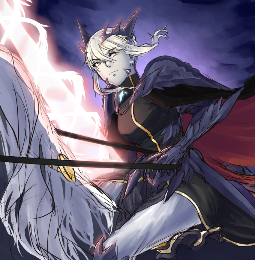 1girl alternate_breast_size armor armored_boots armored_dress artoria_pendragon_(fate) artoria_pendragon_(lancer_alter)_(fate) arumimangotroid black_armor black_cloak black_dress blonde_hair boots braid breasts breeches cloak commentary crown dark_rhongomyniad_(fate) dress english_commentary fate/grand_order fate_(series) faulds gauntlets glowing glowing_weapon greaves hair_between_eyes hair_bun highres holding holding_polearm holding_reins holding_weapon horseback_riding lance llamrei_(fate) looking_at_viewer mane medium_breasts pale_skin pants pauldrons polearm red_cloak redesign reins rhongomyniad_(fate) riding short_hair shoulder_armor sidelocks sky solo spiked_knuckles two-sided_cloak two-sided_fabric weapon white_pants yellow_eyes yellow_trim