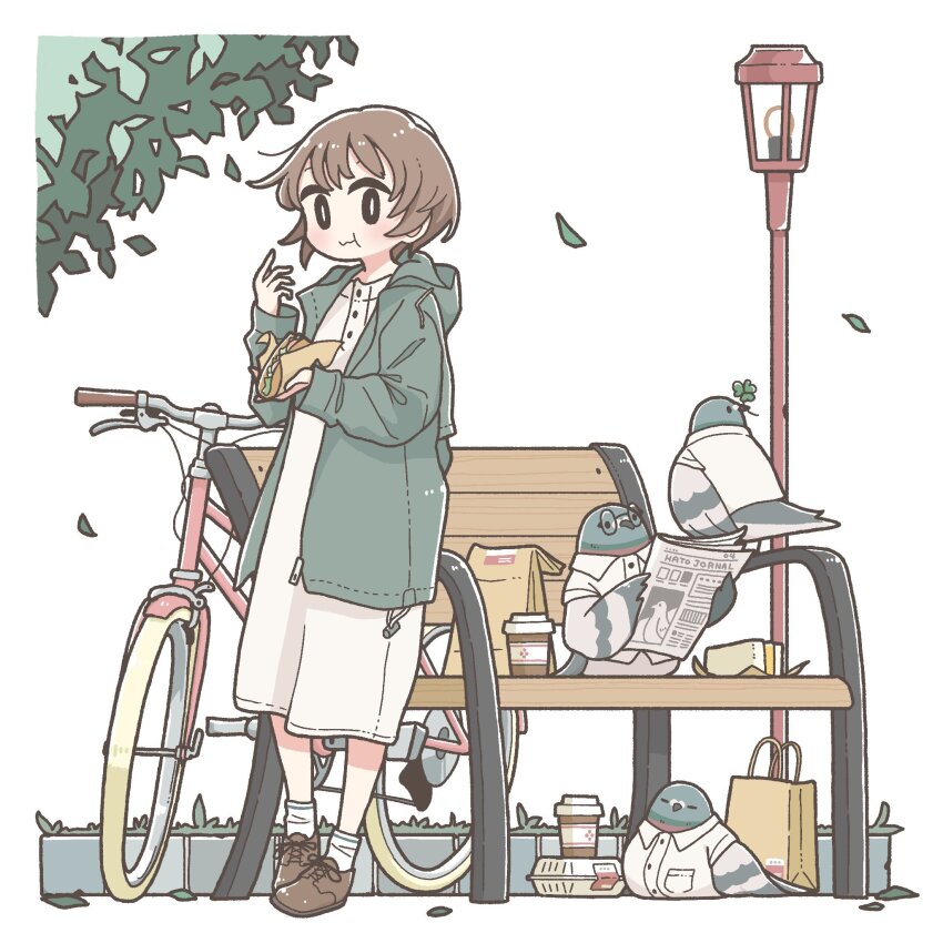 1girl :t animal bag bench bicycle bird black_eyes bright_pupils brown_hair brown_shoes buttons clothed_animal clover collared_shirt cup disposable_coffee_cup disposable_cup dress east_sha2 eating falling_leaves food glasses green_jacket highres holding holding_food holding_newspaper hood hood_down hooded_jacket jacket lamppost leaf newspaper open_clothes open_jacket original paper_bag pigeon round_eyewear sandwich shirt shoes short_hair socks solo standing white_background white_dress white_pupils white_shirt white_socks zipper_pull_tab