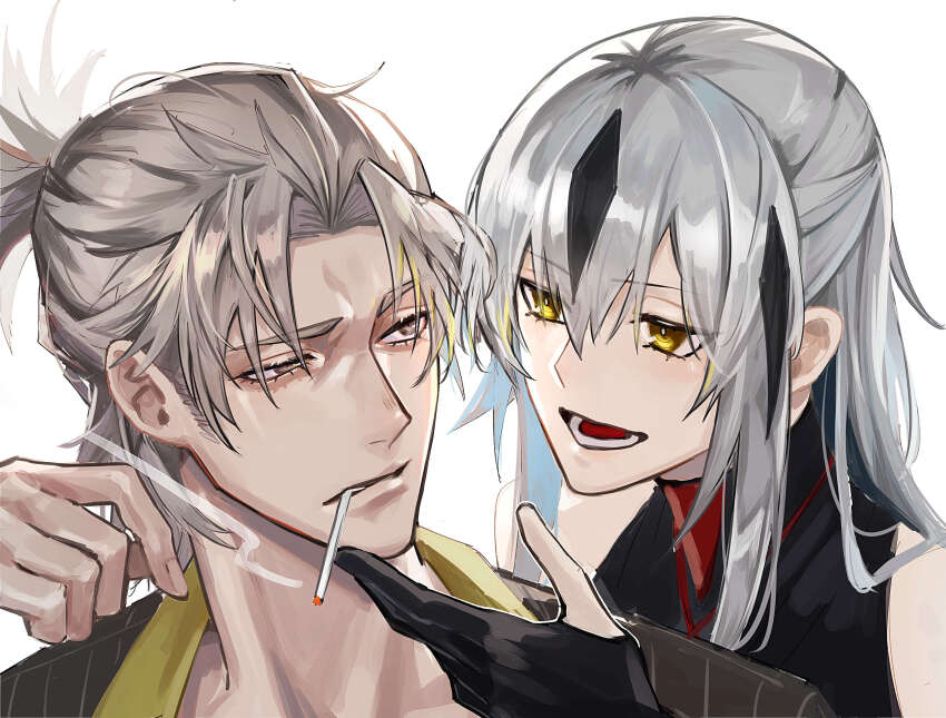 1boy 1girl absurdres black_hair cigarette fate/grand_order fate_(series) frown furrowed_brow grey_eyes grey_hair half_updo halterneck hand_on_another&#039;s_chin haruakira highres jacket long_hair looking_at_another multicolored_hair nagao_kagetora_(fate) open_mouth portrait simple_background smile smoking takeda_shingen_(fate) two-tone_hair uesugi_kenshin_(fate) white_background yellow_eyes