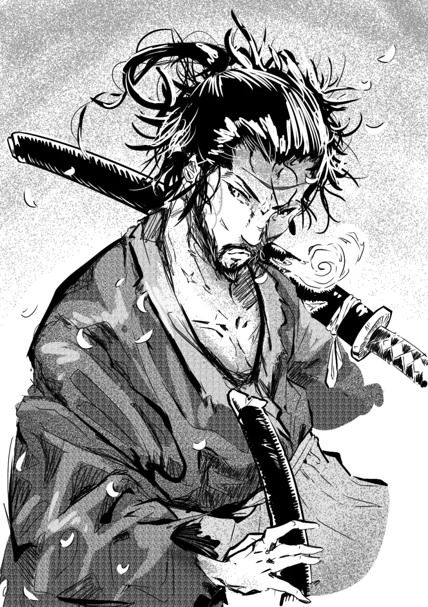 1boy artist_request highres katana male_focus miyamoto_musashi_(vagabond) monochrome samurai short_hair sword text_focus vagabond weapon