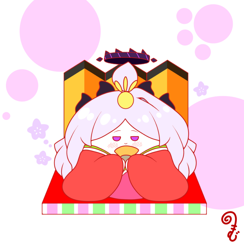 ahoge blue_archive blush chibi closed_mouth folding_fan grey_hair halo hand_fan highres hina_(blue_archive) hina_ningyou hirabitai holding holding_fan horns japanese_clothes kimono kurukurumagical layered_kimono long_hair long_sleeves looking_at_viewer parted_bangs purple_eyes red_kimono single_hair_intake smile solo very_long_hair wide_sleeves
