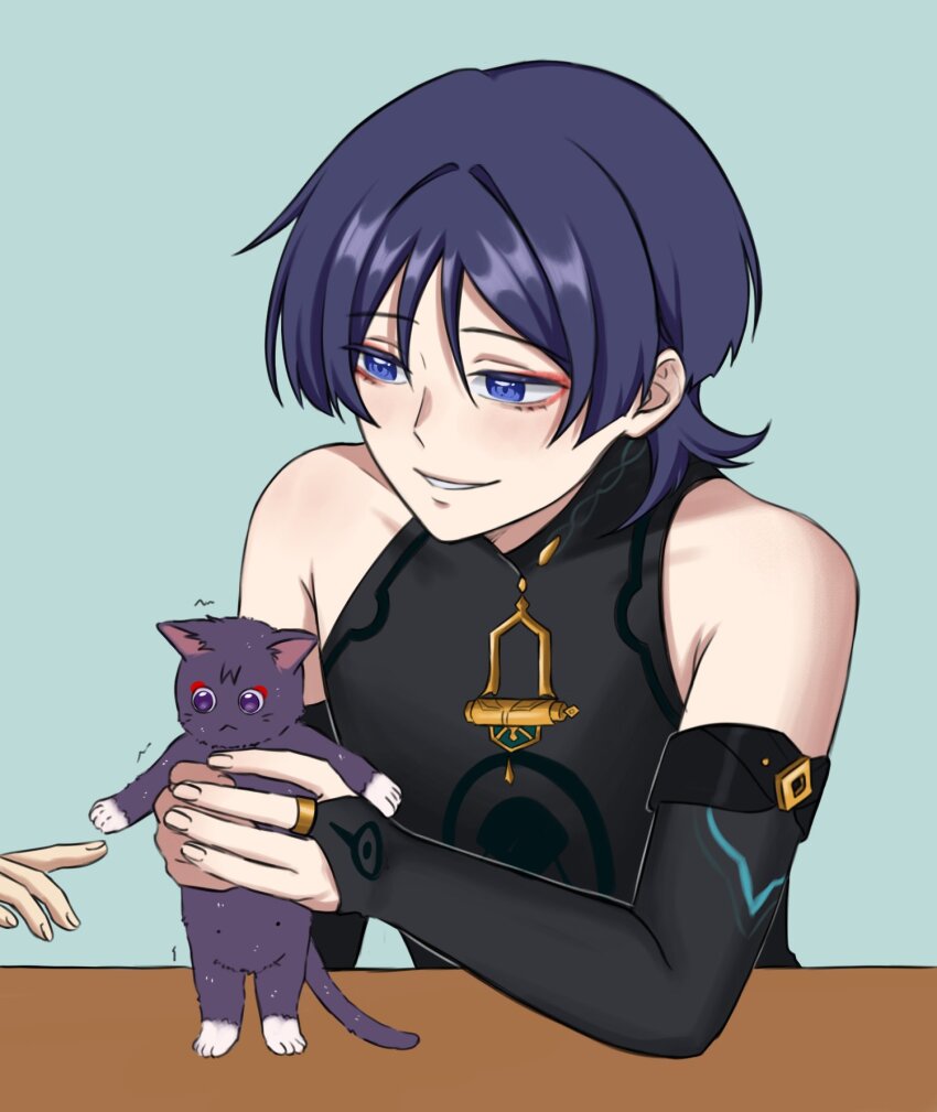 1boy 9701athra animal animalization armpit_crease black_bodysuit black_bridal_gauntlets blunt_ends bodysuit bridal_gauntlets cat eyeliner eyeshadow fingernails genshin_impact gold_ring highres holding holding_animal holding_cat looking_to_the_side makeup male_focus middle_ring parted_lips person_and_animalization purple_cat purple_eyes purple_hair red_eyeliner red_eyeshadow scaramouche_(cat)_(genshin_impact) scaramouche_(genshin_impact) smile wanderer_(genshin_impact) white_mouth wispy_bangs