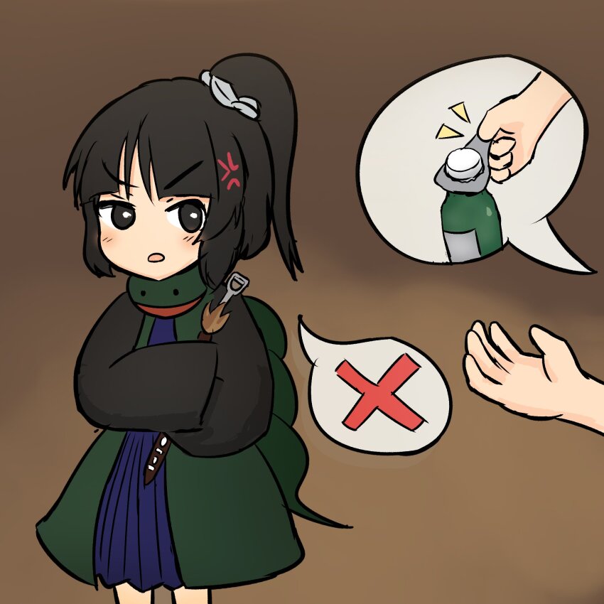 1other adagumo_no_yaorochi androgynous anger_vein angry black_eyes black_hair black_sleeves blue_hakama blue_shirt blunt_bangs bottle bottle_opener bright_pupils brown_background commentary cowboy_shot english_commentary ferdy&#039;s_lab gift_art green_jacket green_scarf hair_ornament hair_scrunchie hakama hakama_short_skirt hakama_skirt haori high_side_ponytail highres hugging_object jacket japanese_clothes len&#039;en light_blush long_sleeves looking_at_another multiple_tails notice_lines open_mouth other_focus red_scarf scarf scrunchie shirt short_hair simple_background skirt sleeveless sleeveless_jacket snake_tail solo_focus spoken_object spoken_x sword_of_kusanagi tail tasouken v-shaped_eyebrows white_pupils white_scrunchie