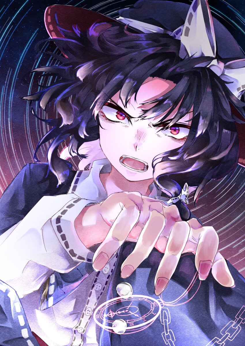 1girl absurdres alternate_eye_color black_capelet black_hair black_hat bow capelet collared_shirt dress_shirt hair_between_eyes hair_bow hat hat_bow highres long_sleeves looking_at_viewer muraryo nail_polish night night_sky open_mouth pocket_watch red_eyes red_nails ripples shirt short_hair sky sleve_cuffs solo star_(sky) starry_sky touhou usami_renko watch white_bow white_shirt