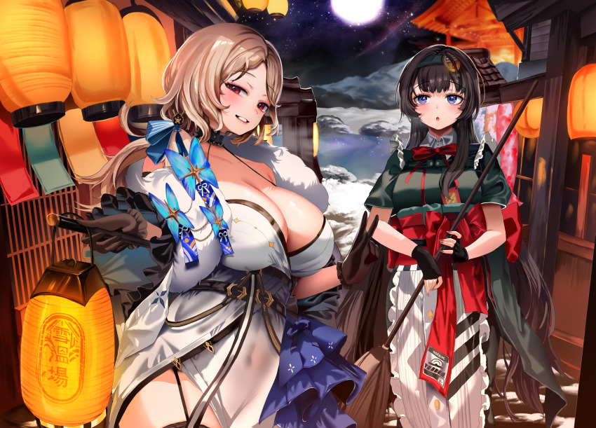 2girls absurdres black_garter_straps black_gloves black_hair black_hairband blue_eyes blush breasts brown_hair commentary_request covered_navel fingerless_gloves garter_straps gloves goddess_of_victory:_nikke hair_ornament hairband highres holding korean_commentary lantern large_breasts long_hair long_sleeves looking_at_viewer ludmilla_(nikke) ludmilla_(winter_owner)_(nikke) mica_(nikke) mica_(snow_buddy)_(nikke) multiple_girls night official_alternate_costume outdoors parted_lips red_eyes short_sleeves smile snow zerocat