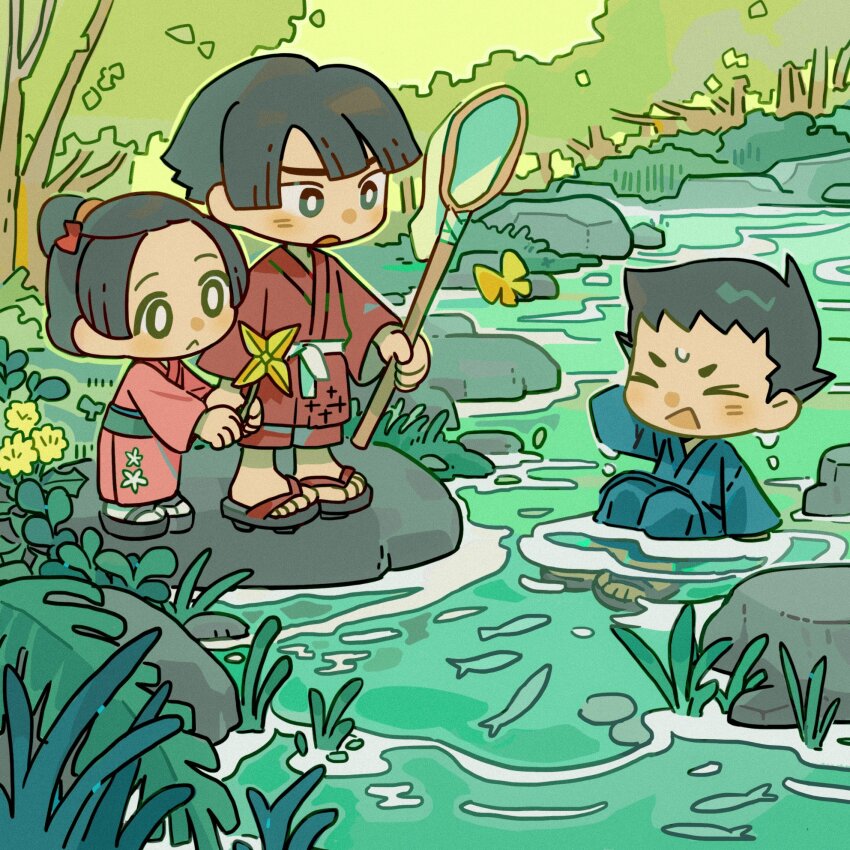 1girl 2boys ace_attorney black_hair blue_kimono bright_pupils bug butterfly butterfly_net fish full_body geta hand_net highres holding holding_butterfly_net holding_pinwheel insect japanese_clothes kazuma_asogi kimono looking_at_another mikyo_u multiple_boys obi outdoors partially_submerged pink_kimono pinwheel river ryunosuke_naruhodo sash short_hair solid_oval_eyes susato_mikotoba the_great_ace_attorney tree