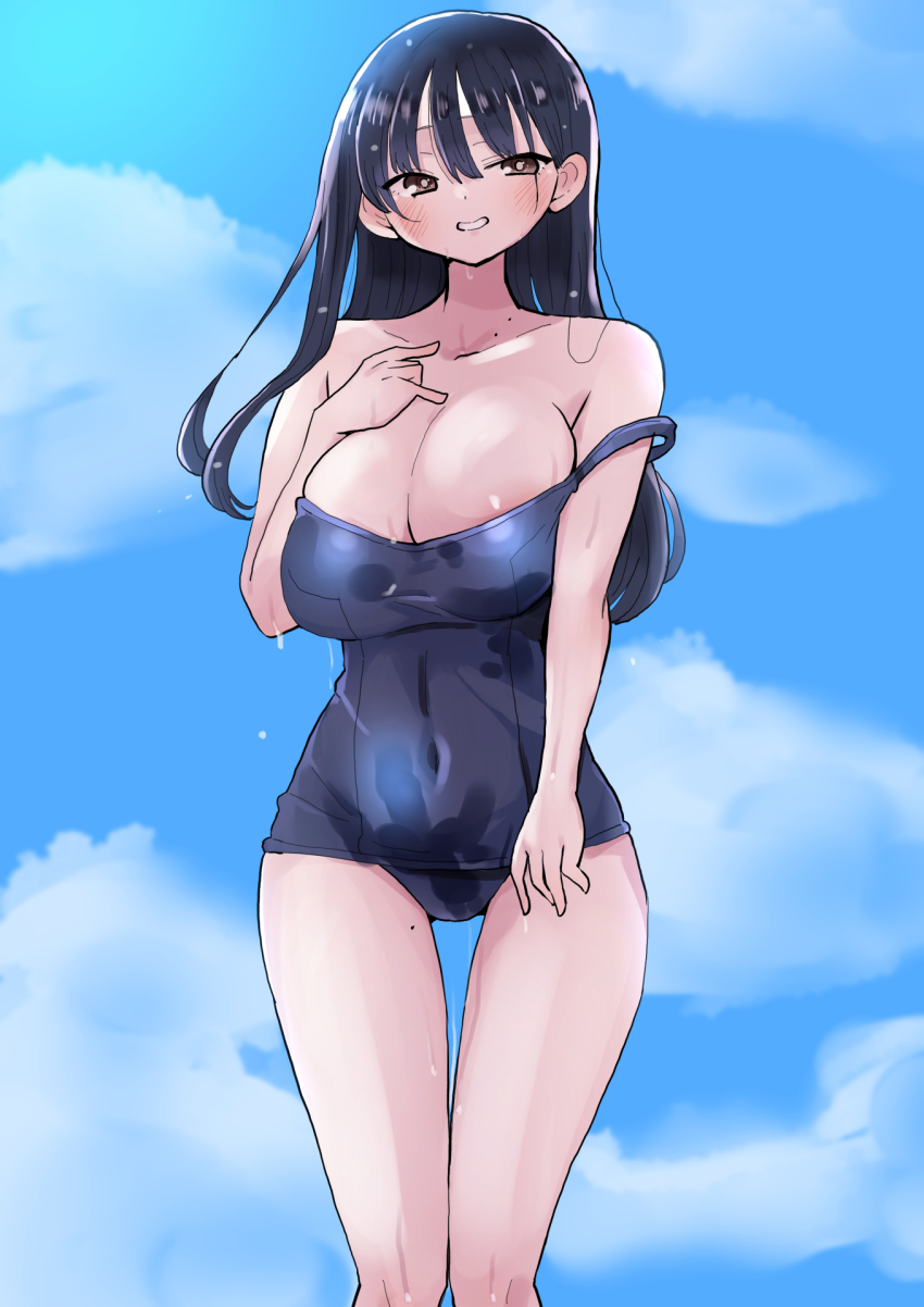 1girl areola_slip black_hair blue_one-piece_swimsuit blush boku_no_kokoro_no_yabai_yatsu breasts brown_eyes covered_navel double_strap_slip hair_between_eyes highres large_breasts long28 long_hair looking_at_viewer mole mole_on_neck mole_on_thigh one-piece_swimsuit outdoors parted_lips school_swimsuit sky smile solo standing swimsuit wet yamada_anna