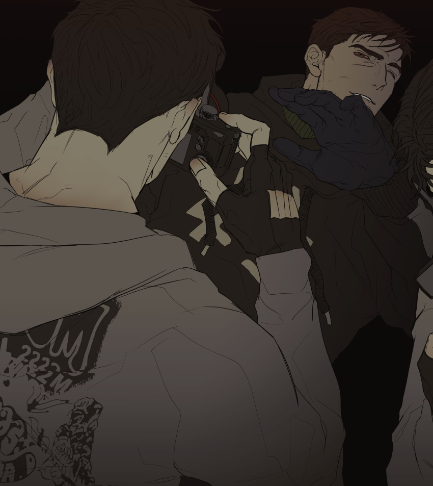 2boys absurdres afraid_of_monsters black_gloves black_hair black_hoodie bloodshot_eyes brown_eyes brown_hair camera cry_of_fear david_leatherhoff fingerless_gloves gloves grey_hoodie grin highres holding holding_camera hood hood_down hoodie ju-san leaning_back looking_at_another male_focus messy_hair multiple_boys out_of_frame print_hoodie scar scar_on_face short_hair simon_henriksson smile taking_picture upper_body
