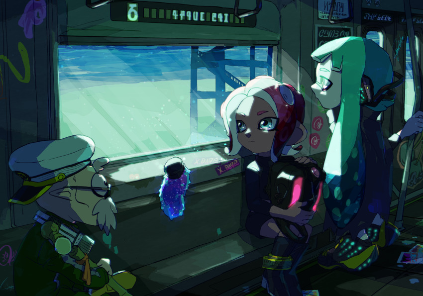 1boy 2girls backwards_hat bad_id bad_pixiv_id beard black_cape black_footwear black_shirt black_skirt blunt_bangs booru_(169b) c.q._cumber_(splatoon) cap&#039;n_cuttlefish cape closed_mouth day facial_hair glasses hat headgear hero_shot_(splatoon_1) highres holding holding_weapon ink_tank_(splatoon) inkling inkling_(language) inkling_girl inkling_player_character light_particles long_hair long_sleeves looking_back medium_hair miniskirt multiple_girls nintendo octoling octoling_player_character peaked_cap pointy_ears red_hair shirt shoes sitting skirt splatoon_(series) splatoon_2 splatoon_2:_octo_expansion squidbeak_splatoon standing suction_cups sunlight train_interior underwater weapon white_headwear wind yellow_shoes