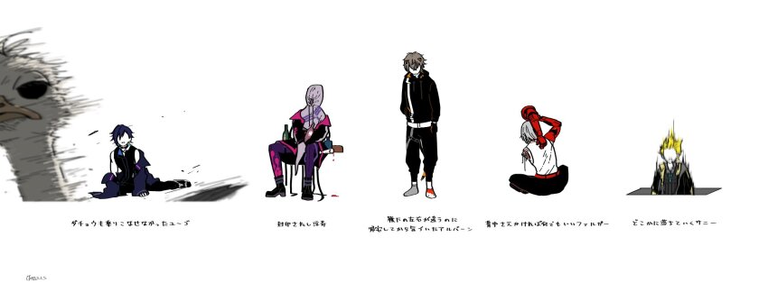 5boys alban_knox asymmetrical_footwear asymmetrical_hair bare_shoulders belt belt_collar bird black_collar black_footwear black_gloves black_hoodie black_pants black_shirt black_sleeves blonde_hair blue_jacket blue_sleeves boots bottle brown_hair cable chair collar collared_jacket commentary_request drop_trap falling from_behind frown fulgur_ovid full_body gloves goose grey_hair grey_hood grey_hoodie grey_socks hand_in_pocket hello_kitty_(character) hello_kitty_print highres holding holding_bottle hood hood_up hoodie jacket jacket_partially_removed long_sleeves male_focus mechanical_arms mismatched_footwear multiple_boys mushi_(gooooooon) nijisanji nijisanji_en no_eyes noctyx open_mouth pants pink_collar red_belt sanrio scratching_back shirt shoes short_hair simple_background sitting sleeveless sleeveless_shirt socks sonny_brisko tank_top translation_request uki_violeta virtual_youtuber wariza white_background white_tank_top white_undershirt wine_bottle yugo_asuma