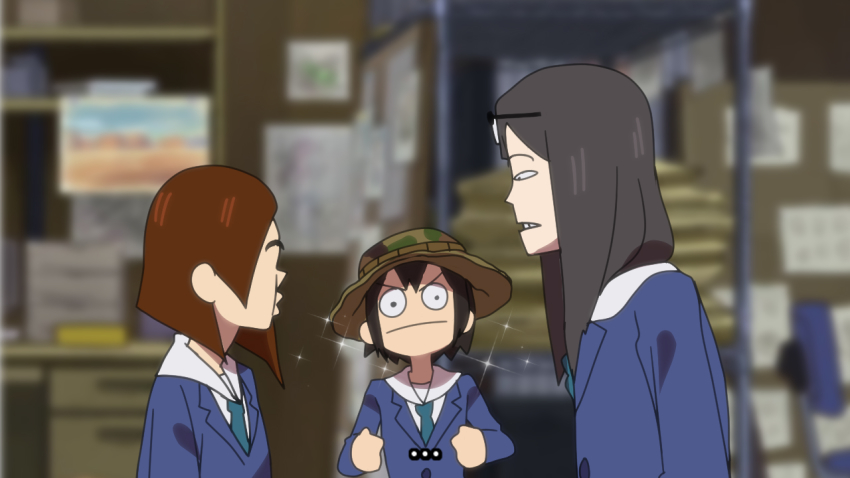... :| asakusa_midori black_hair blue_jacket blue_neckwear blurry blurry_background brown_hair camouflage camouflage_headwear clenched_hands closed_mouth commentary eizouken_ni_wa_te_wo_dasu_na! english_commentary eyewear_on_head from_side glasses hands_up indoors jacket jcm2 kanamori_sayaka long_hair looking_at_another mizusaki_tsubame necktie o3o short_hair subtitled upper_body