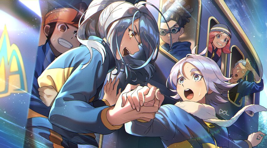 1girl 5boys aqua_hair blue_eyes blue_hair brown_eyes brown_hair dolustoy domon_asuka endou_mamoru fubuki_shirou goggles grey_hair headband highres holding_hands hug hug_from_behind inazuma_eleven inazuma_eleven_(series) kazemaru_ichirouta kidou_yuuto light_blue_hair long_hair male_focus multiple_boys night night_sky open_mouth orange_headband pink_hair raimon raimon_track_suit scarf sky soccer_uniform sportswear star_(sky) sweat white_scarf zaizen_touko
