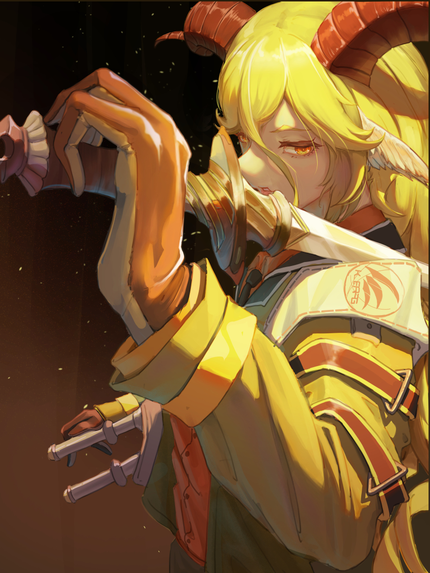 1girl absurdres animal_ear_fluff animal_ears arknights arm_strap arm_up armband black_background black_necktie blonde_hair brown_background brown_gloves brown_horns brown_straps buttons chinese_commentary collared_shirt commentary_request degenbrecher_(arknights) dress_shirt foreshortening from_side gloves goat_ears goat_girl goat_horns gradient_background green_jacket grin hair_between_eyes hand_on_hilt hand_up highres hilt holding holding_sword holding_weapon horns jacket lapels light_particles lips long_bangs long_hair looking_at_viewer looking_to_the_side military military_jacket military_uniform multiple_swords multiple_weapons necktie notched_lapels open_clothes open_jacket orange_eyes orange_shirt over_shoulder parted_lips print_armband profile scabbard shade sheath sheathed shirt shirt_tucked_in sidelocks sideways_glance smile solo spotlight sqh510 standing sword sword_over_shoulder teeth two-tone_background upper_body very_long_hair wavy_hair weapon weapon_over_shoulder white_armband wing_collar