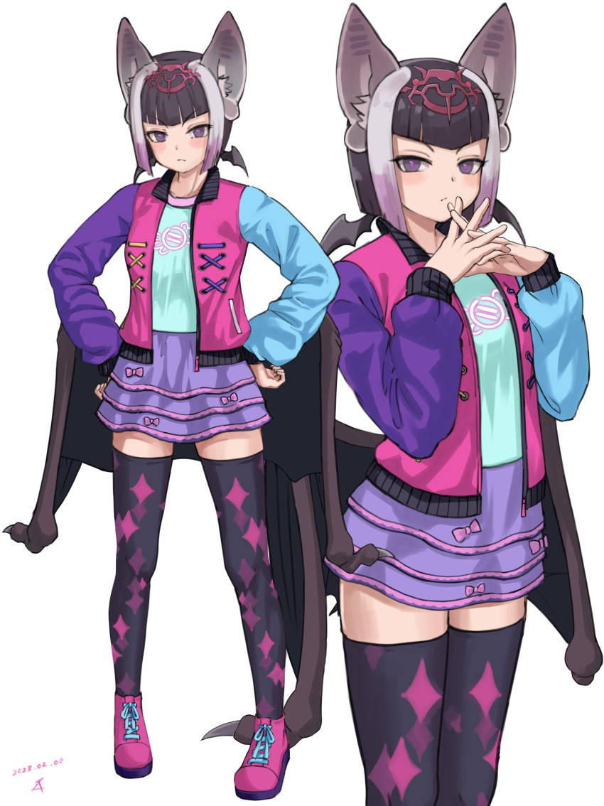 1girl absurdres animal_ear_fluff animal_ears bat_ears bat_wings black_hair black_thighhighs blue_shirt blush commentary common_vampire_bat_(kemono_friends) deku_suke hands_on_own_hips highres interlocked_fingers jacket kemono_friends long_sleeves looking_at_viewer multicolored_hair multicolored_jacket multiple_views open_clothes open_jacket pink_hair pink_pupils print_thighhighs purple_eyes purple_skirt shirt shoes short_hair simple_background skirt sneakers sparkle_print thighhighs white_background white_hair wings zettai_ryouiki