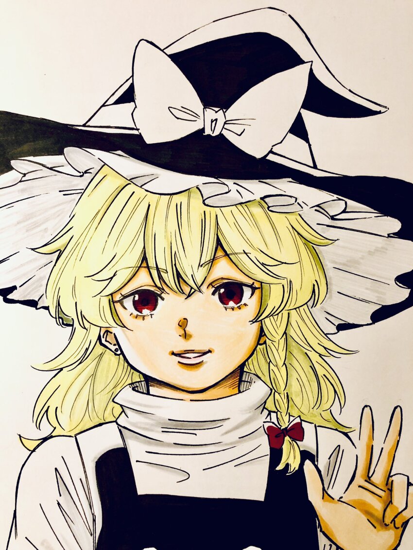 1girl black_hat black_vest blonde_hair bow braid commentary_request frilled_hat frills hat hat_bow highres kirisame_marisa long_hair parted_lips puffy_short_sleeves puffy_sleeves red_eyes s590220 short_sleeves side_braid simple_background single_braid solo touhou traditional_media turtleneck v vest white_background white_bow witch witch_hat