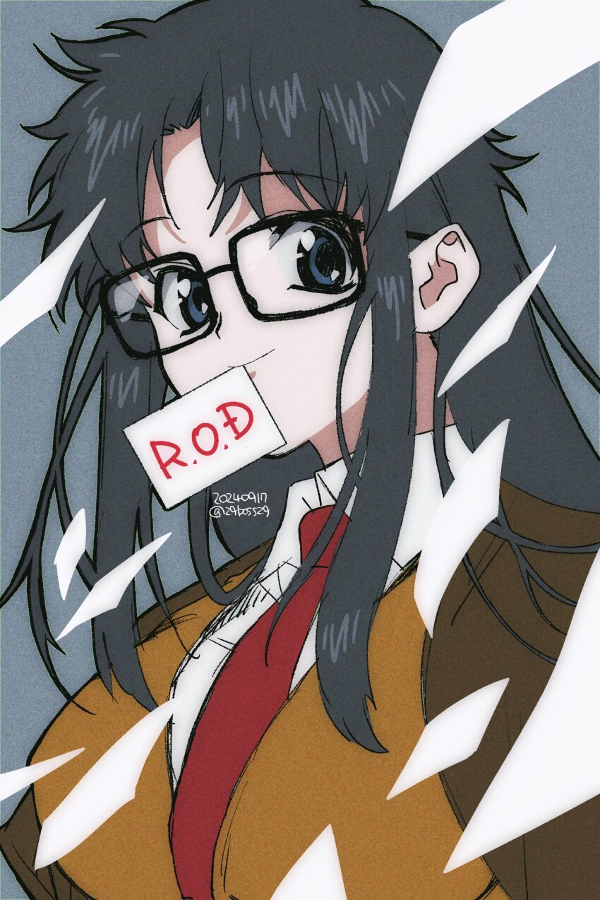 1girl 29boss29 black-framed_eyewear black_hair breasts brown_vest coat flying_paper glasses highres holding holding_paper impossible_clothes impossible_vest large_breasts long_coat long_hair looking_at_viewer messy_hair necktie paper papyrokinesis read_or_die rectangular_eyewear red_necktie shirt smile solo vest yomiko_readman