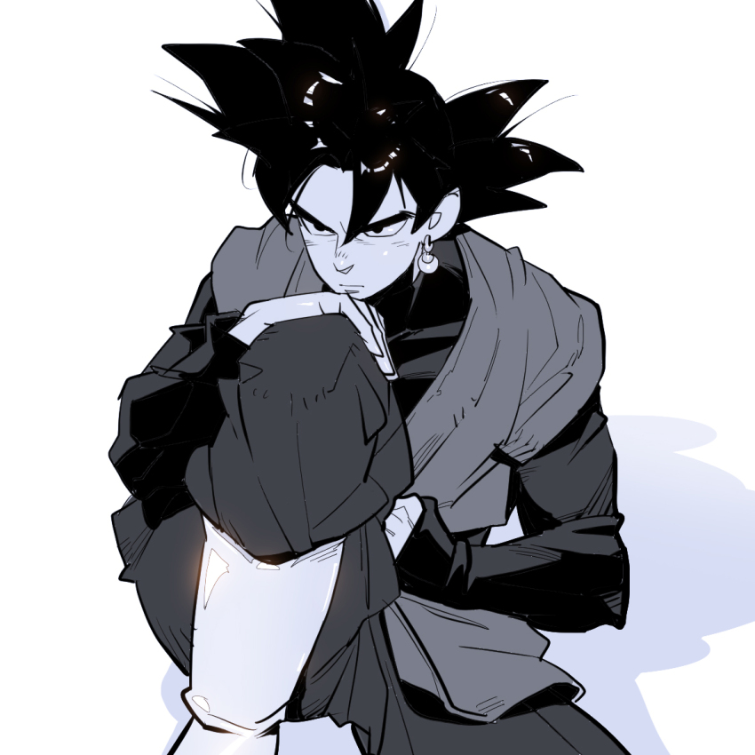 1boy black_bodysuit black_hair bodysuit boots dougi dragon_ball dragon_ball_super earrings goku_black greyscale hand_on_own_knee head_on_knee jewelry long_sleeves looking_ahead monochrome potara_earrings saiyan sash serious sitting solo spiked_hair supobi white_background white_boots