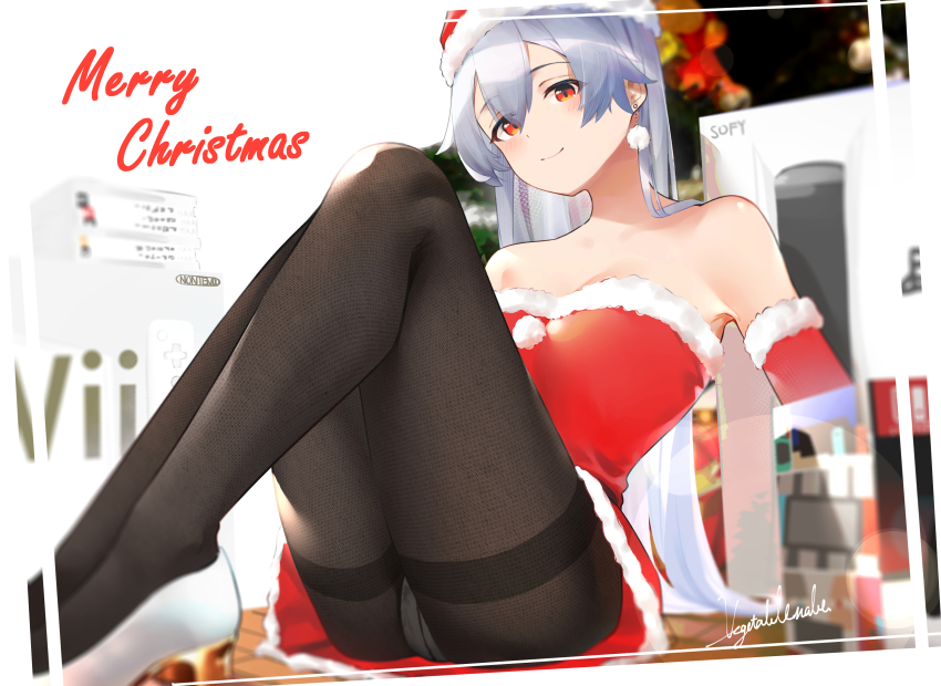 1girl absurdres alternate_costume bare_shoulders black_pantyhose blush breasts collarbone commentary_request dress earrings elbow_gloves fate/grand_order fate_(series) fur-trimmed_dress fur-trimmed_gloves fur-trimmed_headwear fur_trim game_console gloves hair_between_eyes hat highres jewelry long_hair looking_at_viewer medium_breasts merry_christmas panties panties_under_pantyhose pantyhose red_dress red_eyes red_gloves red_hat santa_costume santa_dress santa_hat signature silver_hair sitting sleeveless sleeveless_dress smile solo strapless strapless_dress thighband_pantyhose tomoe_gozen_(fate) underwear vegetablenabe very_long_hair white_footwear wii