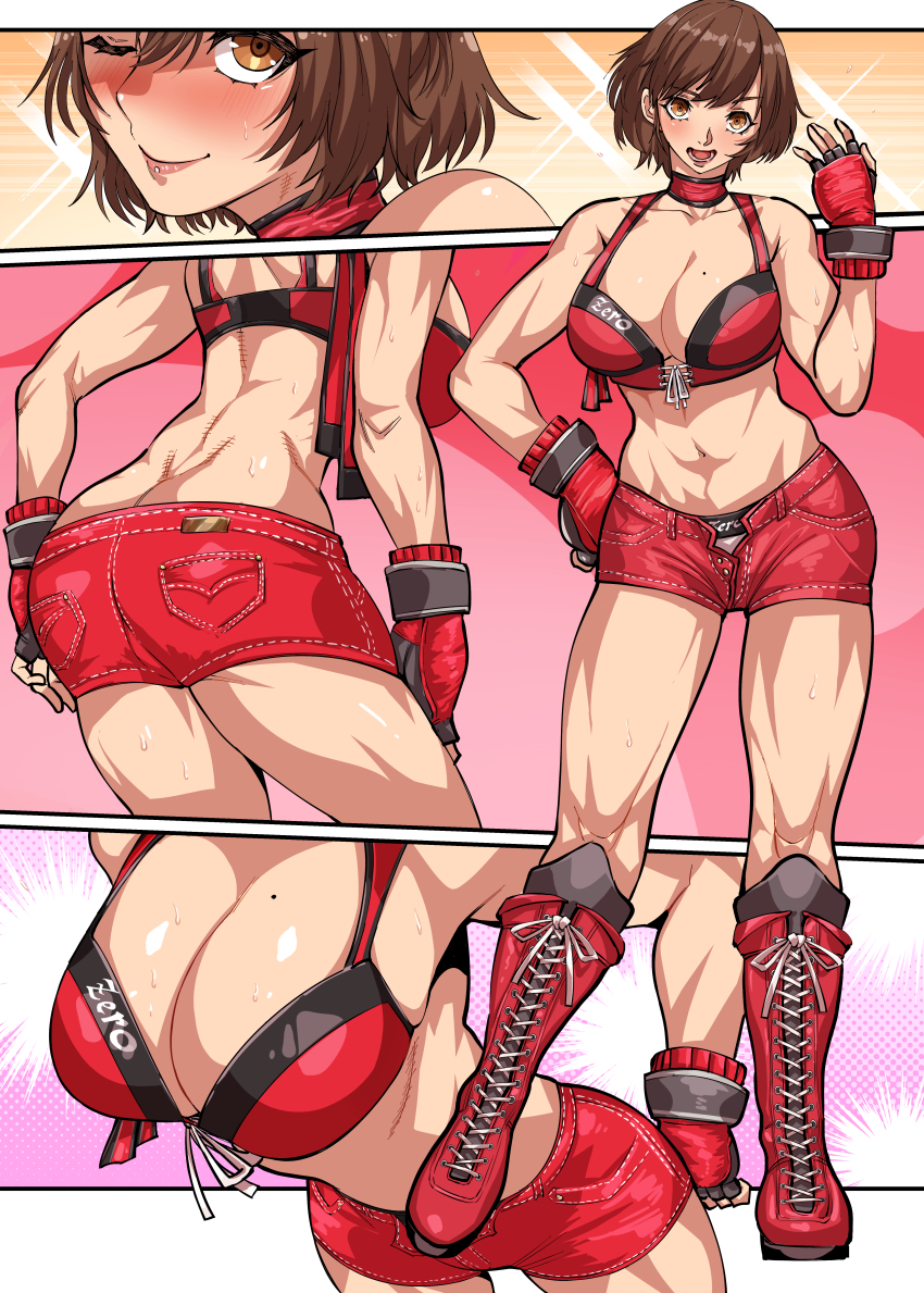 1girl absurdres bikini blush boots breasts brown_eyes brown_hair choker cleavage highres hinomoto_reiko knee_boots large_breasts mole mole_on_breast multiple_views muscular muscular_female one_eye_closed panties red_bikini red_choker red_shorts rumble_roses shorts sweat swimsuit swordsealocust underwear unzipped white_panties wrestling_outfit