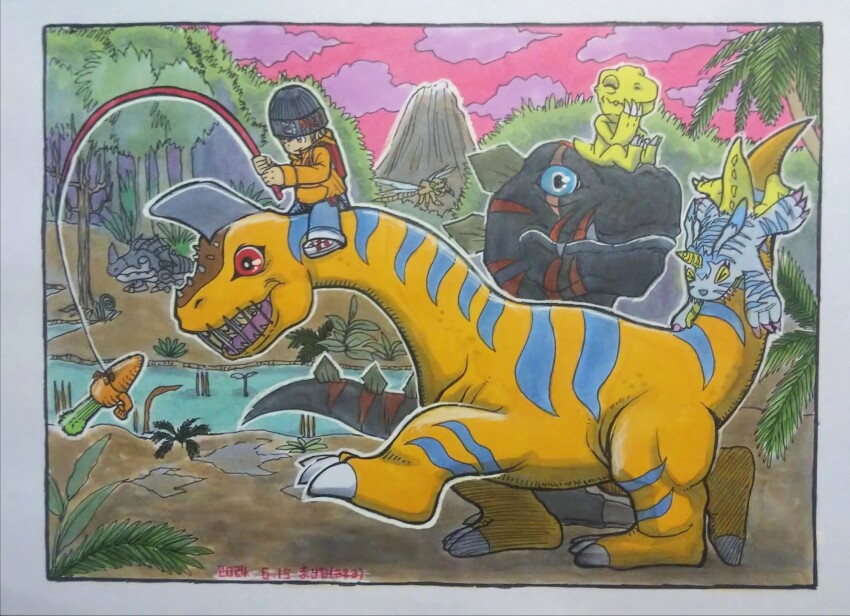 agumon brachimon carrot darktyranomon digimon digimon_(creature) dinosaur gabumon hat horns mameo_(digimon) monochromon tail yanmamon