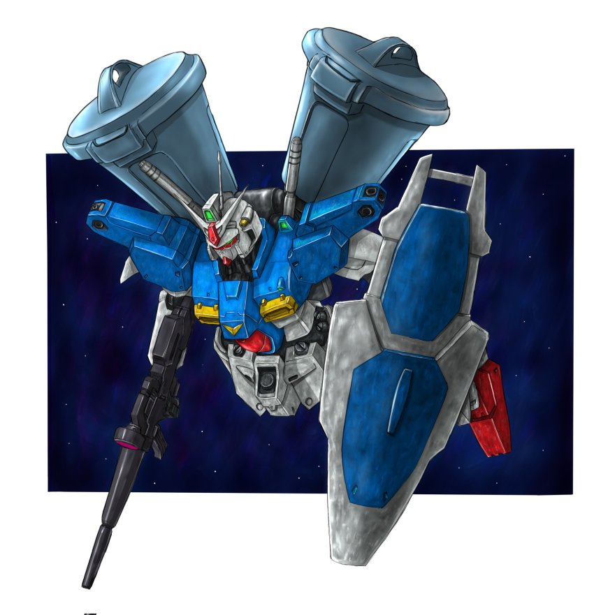 beam_rifle energy_gun fineitogel flying gun gundam gundam_0083 gundam_gp-01_full_vernian_zephyranthes highres holding holding_gun holding_shield holding_weapon mecha mobile_suit robot science_fiction shield solo space v-fin weapon