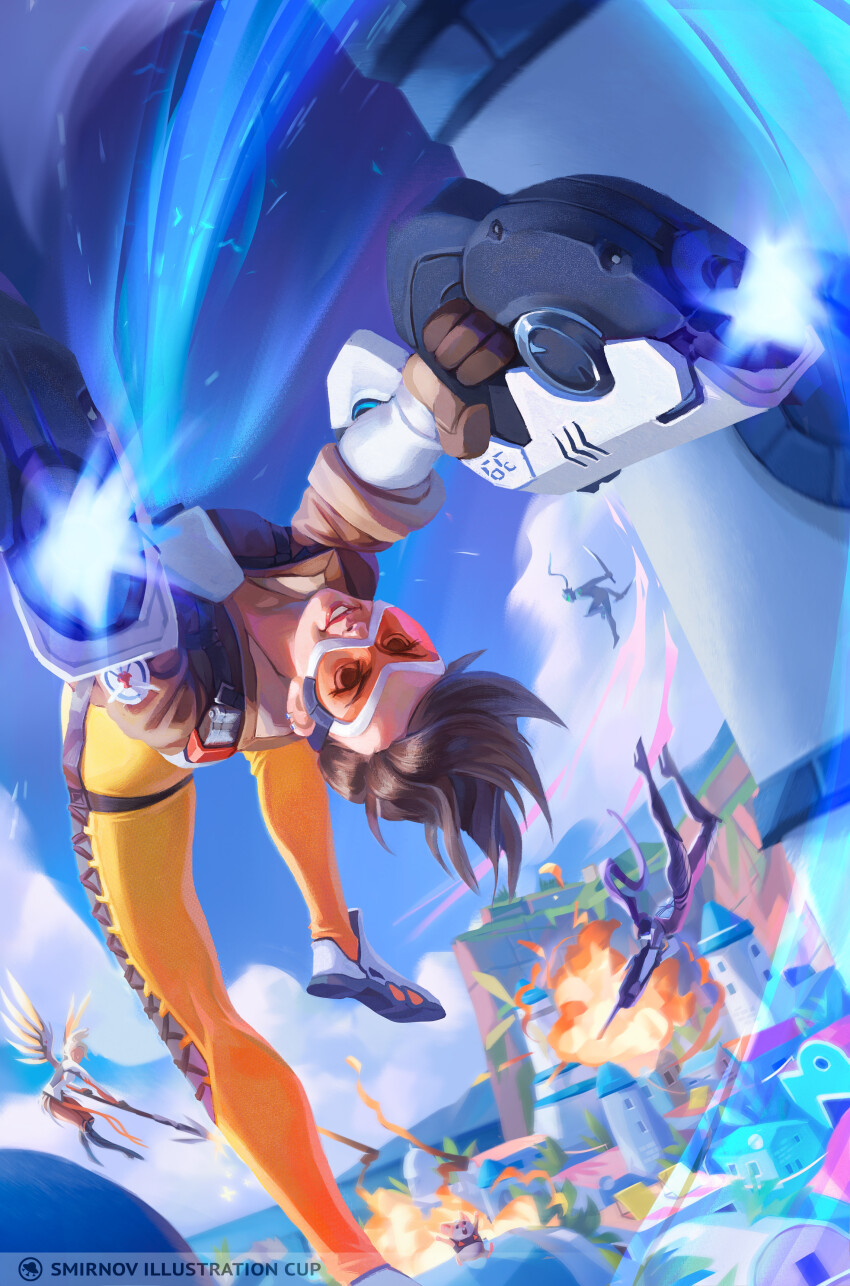 1boy 3girls absurdres assault_visor blonde_hair bodysuit brother_thunder brown_hair city colored_skin dial_wielding energy_gun explosion firing floating_hair genji_(overwatch) gloves gun hamster helmet highres holding holding_gun holding_sword holding_weapon long_hair making-of_available mercy_(overwatch) midair multiple_girls orange_bodysuit overwatch overwatch_1 pantyhose parted_lips purple_hair purple_skin short_hair smile solo_focus sword tracer_(overwatch) very_long_hair weapon white_gloves widowmaker_(overwatch) wrecking_ball_(overwatch)