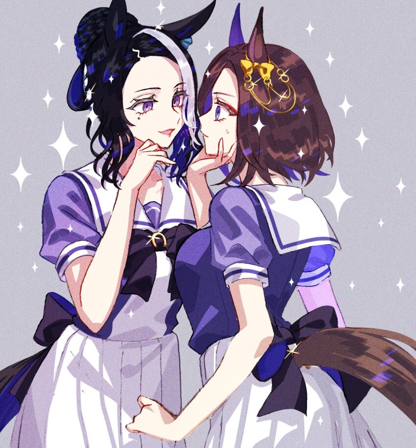 2girls air_groove_(umamusume) animal_ears back_bow black_bow black_bowtie black_hair black_tail blue_bow blue_eyes bow bowtie braid braided_bun brown_hair brown_tail closed_mouth commentary_request cowboy_shot ear_bow ear_chain eye_contact face-to-face film_grain frilled_skirt frills hair_bun hand_on_another&#039;s_chin hand_up highres horse_ears horse_girl horse_tail jagaimobeniko linked_piercing looking_at_another medium_hair mejiro_ramonu_(umamusume) mole mole_under_eye multicolored_hair multiple_girls open_mouth piercing pleated_skirt puffy_short_sleeves puffy_sleeves purple_eyes purple_shirt sailor_collar sailor_shirt school_uniform shirt short_hair short_sleeves skirt small_sweatdrop sparkle streaked_hair summer_uniform tail tracen_school_uniform umamusume white_hair white_sailor_collar white_skirt yellow_bow yuri