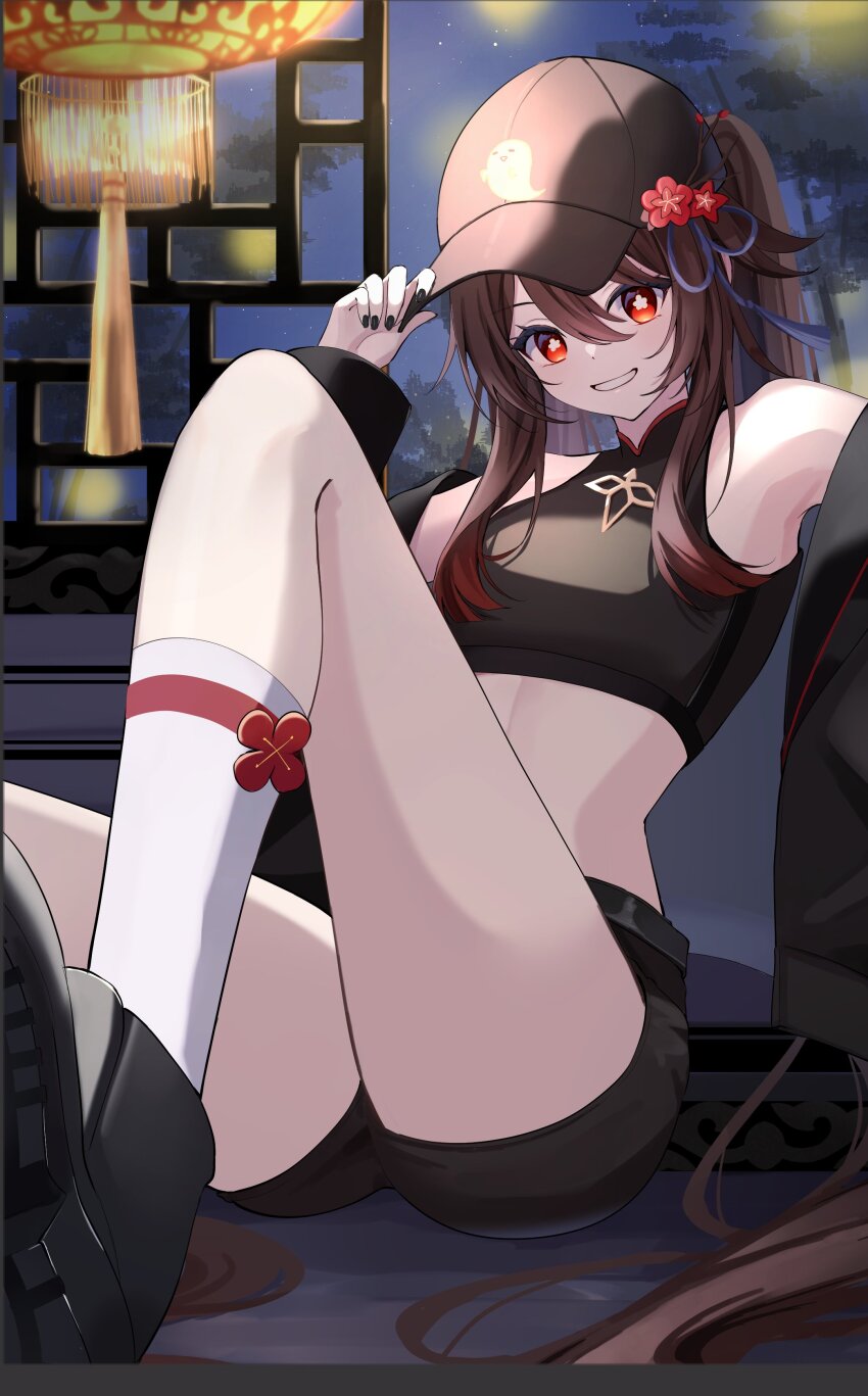 1girl absurdres alternate_costume black_jacket black_shoes black_shorts boo_tao_(genshin_impact) breasts brown_hair brown_hat crop_top flower-shaped_pupils genshin_impact hair_between_eyes hat highres hu_tao_(genshin_impact) jacket long_hair looking_at_viewer marufus midriff open_clothes open_jacket ponytail red_eyes shoes shorts smile socks solo symbol-shaped_pupils teeth thighhighs very_long_hair white_socks white_thighhighs