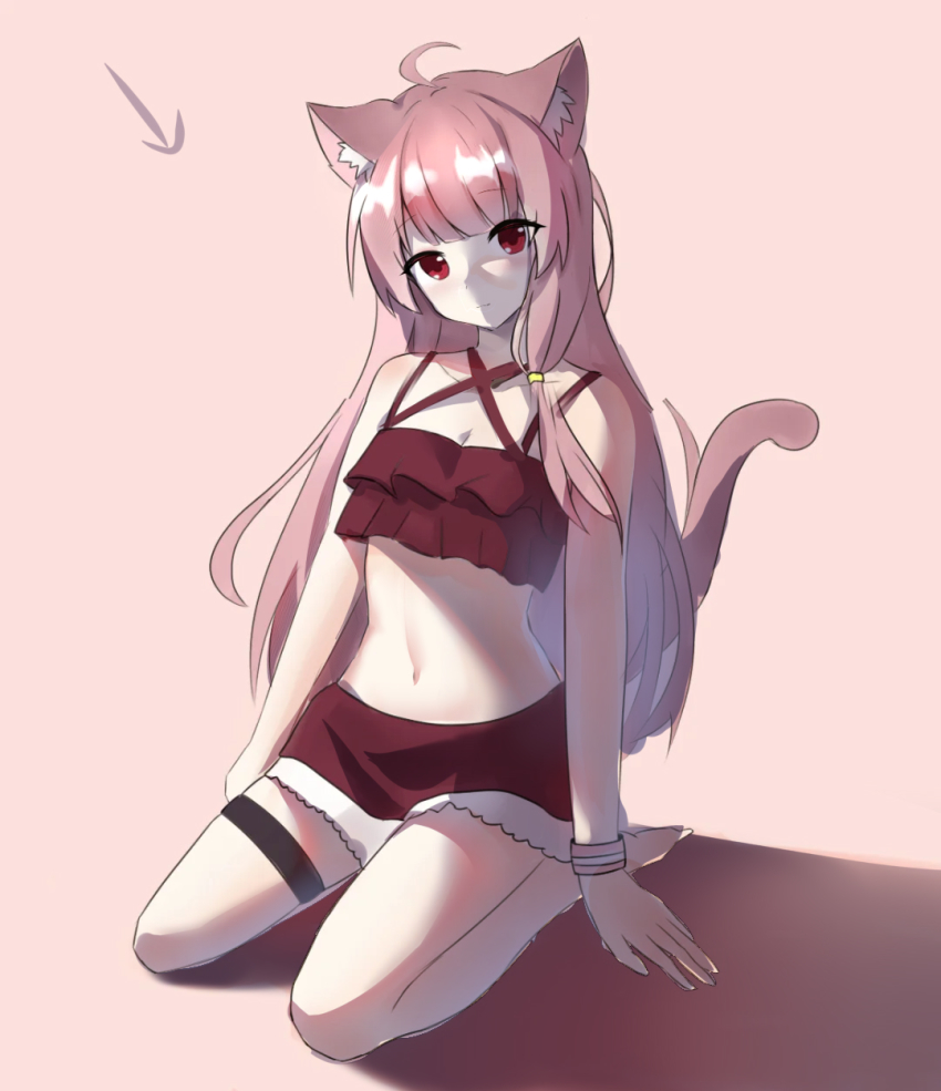 1girl animal_ears breasts cat_ears cat_girl cat_tail highres kneeling long_hair looking_at_viewer medium_breasts navel original paheide_guang pink_background pink_hair red_eyes smile solo swimsuit tail very_long_hair