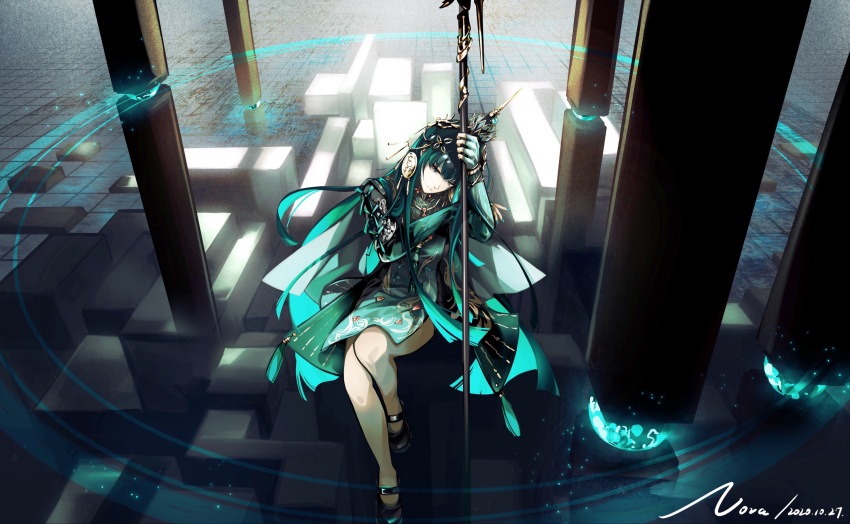 1girl bare_legs black_shoes chinese_clothes chinese_commentary commentary crown cyberspace dated elbow_gloves from_above full_body gloves green_eyes green_gloves green_hair green_robe hair_ornament hairclip highres holding holding_polearm holding_weapon knee_up long_hair looking_down mary_janes mole mole_under_mouth nnnnnova partially_fingerless_gloves pillar polearm print_robe procreate_(medium) punishing:_gray_raven qu:_pavo_(pgr) qu_(pgr) robe shoes side_slit sidelocks signature sitting solo tassel weapon