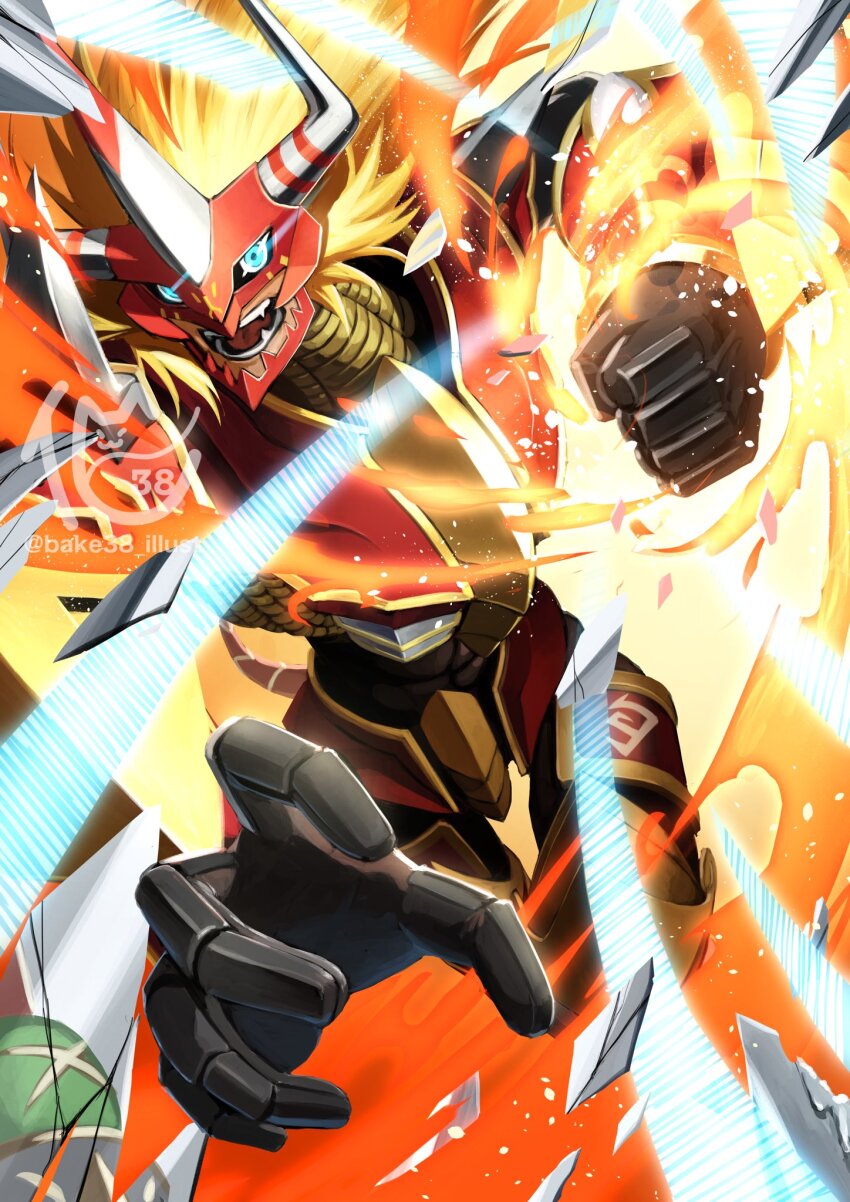 aldamon arm_cannon bakeneko38 blackseraphimon blonde_hair blue_eyes broken_glass digimon digimon_frontier fangs fire glass highres horns long_hair reflection weapon