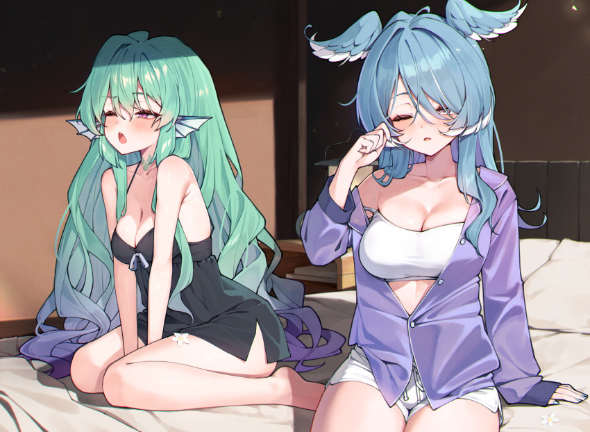 2girls absurdres armpit_crease bed bedroom between_legs black_chemise blue_hair blue_nails blush book bow bow_chemise bra breasts chemise cleavage collarbone commentary dolphin_shorts double-parted_bangs elira_pendora english_commentary finana_ryugu fins flower gradient_hair green_hair hair_between_eyes half-closed_eye hand_between_legs head_fins head_wings headboard highres indoors lantern large_breasts linea_alba long_bangs long_hair long_sleeves medium_breasts morning multicolored_hair multiple_girls nail_polish neck_tattoo nijisanji nijisanji_en on_bed one_eye_closed open_mouth partially_unbuttoned pillow purple_eyes purple_hair purple_shirt seion shadow shirt short_shorts shorts single_hair_intake sitting sleeves_past_wrists sunlight tattoo teeth underwear upper_teeth_only very_long_hair virtual_youtuber waking_up wariza wavy_hair white_bra white_flower white_shorts wings