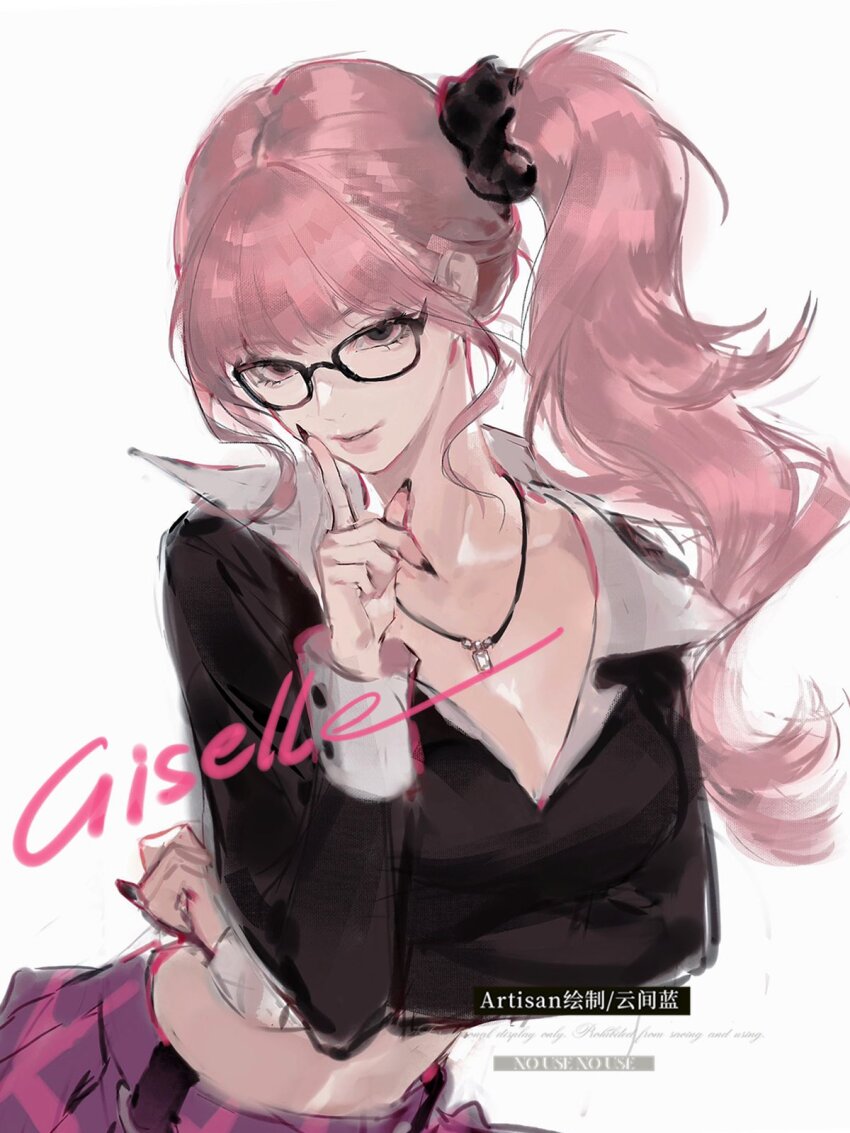 1girl aespa artist_name_(singer) blunt_bangs cowboy_shot crop_top giselle_(aespa) glasses hashtag-only_commentary highres jewelry k-pop looking_at_viewer necklace real_life side_ponytail sidelocks simple_background solo white_background zhanzhan_lan