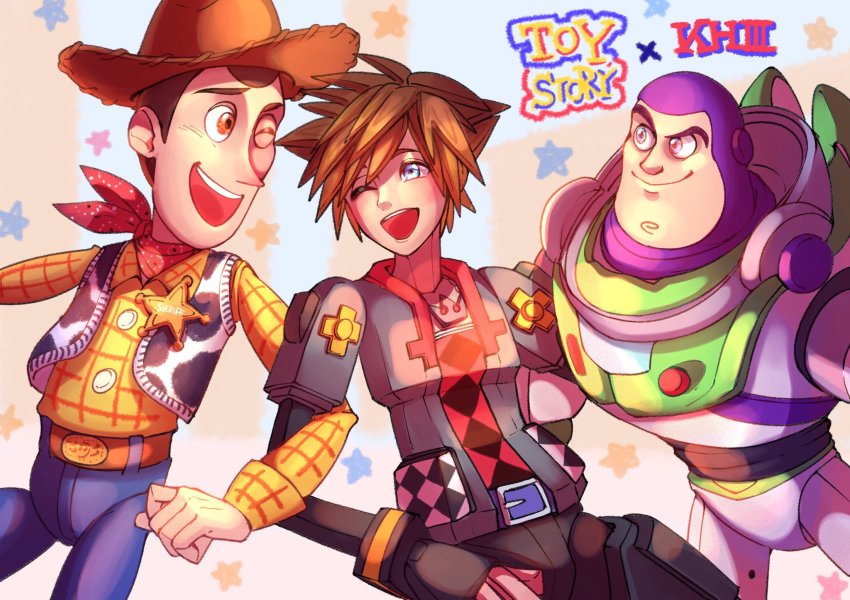 3boys blue_eyes buzz_lightyear highres kingdom_hearts locked_arms male_focus multiple_boys one_eye_closed sheriff_woody smile sora_(kingdom_hearts) sora_(toy_box)_(kingdom_hearts) spacesuit spiked_hair toy toy_story