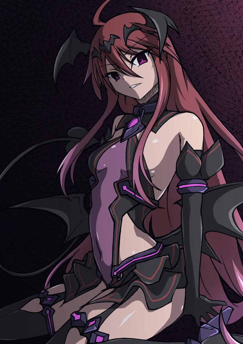1girl absurdres ahoge aoi_tabane bare_shoulders black_gloves breasts corruption cosplay covered_navel dark_persona demon_girl demon_tail demon_wings elbow_gloves garter_straps gloves high_heels highres kouyoku_senki_exs-tia leotard liberator_(kouyoku_senki_exs-tia) loli long_hair looking_at_viewer purple_eyes red_hair shakugan_no_shana shana sitting small_breasts solo tail teeth thighhighs very_long_hair wariza wings