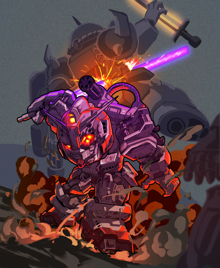 battle energy_sword chibi commentary_request damaged dust_cloud gatling_gun glowing glowing_eyes gouf_custom gundam gundam_ex gundam_requiem_for_vengeance highres holding holding_sword holding_weapon mecha mecha_focus mobile_suit no_humans red_eyes robot science_fiction sd_gundam shoulder_spikes solo_focus sparks spikes standing sword uungunover v-fin weapon