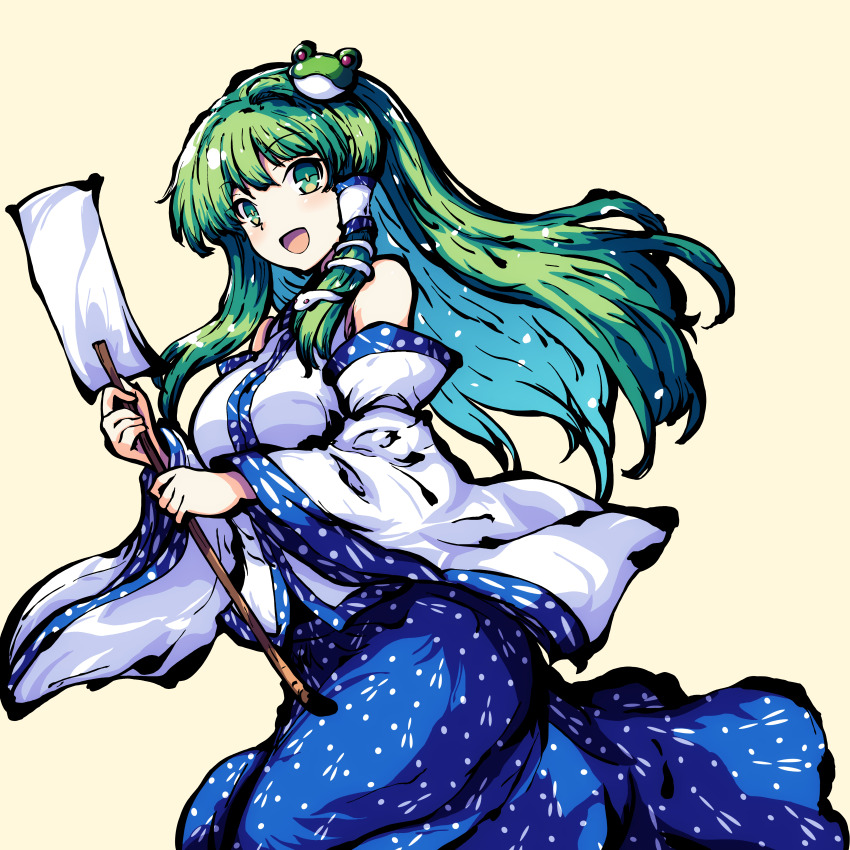 1girl absurdres bare_shoulders breasts detached_sleeves frog_hair_ornament gohei green_eyes green_hair hair_ornament hair_tubes highres holding holding_gohei kochiya_sanae large_breasts long_hair looking_at_viewer open_mouth pioartstuff simple_background skirt snake snake_hair_ornament solo tokiame_(style) touhou wide_sleeves yellow_background