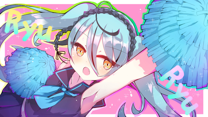 1girl ahoge aqua_hair arm_up armpit_crease bad_id bad_pixiv_id blush cheerleader fang hair_between_eyes highres looking_at_viewer nijisanji nijisanji_kr open_mouth orange_eyes pom_pom_(cheerleading) popoko_(pokopokosuisei) ryu_hari solo twintails virtual_youtuber