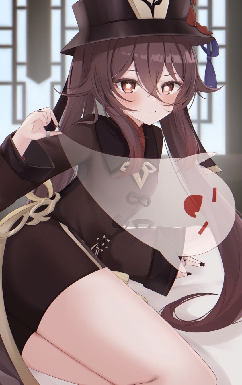 1girl black_nails blush boo_tao_(genshin_impact) brown_hair brown_hat brown_shirt brown_shorts closed_mouth flower-shaped_pupils genshin_impact hair_between_eyes hat highres hu_tao_(genshin_impact) komor_yuki long_hair long_sleeves looking_at_viewer red_eyes shirt shorts smile solo symbol-shaped_pupils twintails very_long_hair