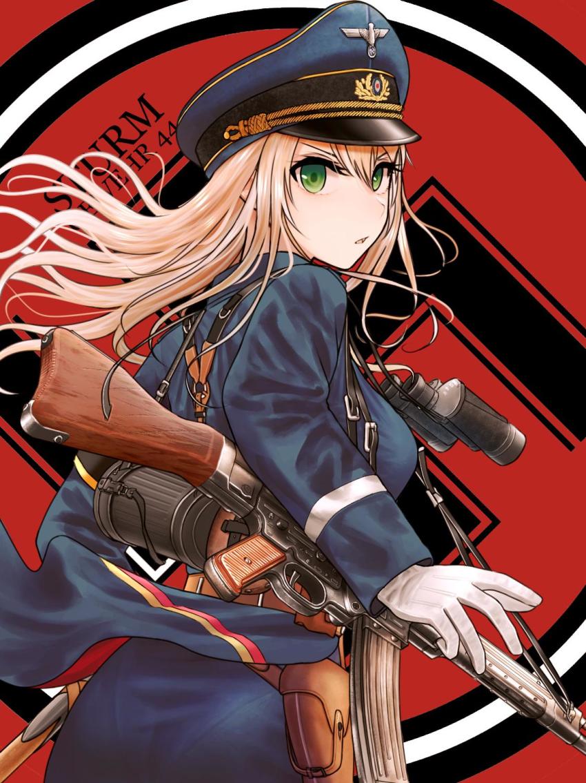 1girl assault_rifle bad_id bad_twitter_id binoculars blonde_hair character_name female_focus girls&#039;_frontline gloves green_eyes gun hat highres holster long_hair looking_back military military_uniform pantylines red_background red_bag rifle solo stg44 stg44_(girls&#039;_frontline) swastika turisasu weapon white_background white_gloves