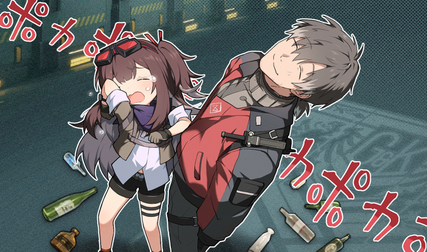 1boy 1girl black_gloves black_hair black_pants black_shorts bottle brown_hair closed_eyes commander_(girls&#039;_frontline) commentary english_commentary girls&#039;_frontline girls&#039;_frontline_2:_exilium gloves goggles goggles_on_head honi_(ohohoni) jacket long_hair mayling_shen_(girls&#039;_frontline_2) meme multicolored_jacket one_side_up open_mouth pants poka_poka_(meme) shirt short_shorts shorts smile two-tone_jacket white_shirt