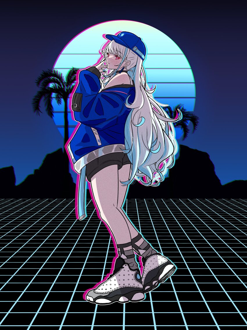 1girl absurdres air_jordan air_jordan_13 baseball_cap belt black_choker blue_hair blue_jacket blush choker full_body gradient_background gradient_hair graffiti hat highres jacket lize_helesta lize_helesta_(8th_costume) lize_helesta_(9th_costume) long_hair long_sleeves lozi multicolored_hair nijisanji off_shoulder open_clothes open_jacket palm_tree ponytail red_eyes sebastian_piyodore shirt shoes sideways sideways_glance sitting skateboard sleeveless sleeveless_shirt sleeves_past_wrists sneakers solo standing standing_on_one_leg synthwave tree vaporwave virtual_youtuber white_hair white_shirt wireframe