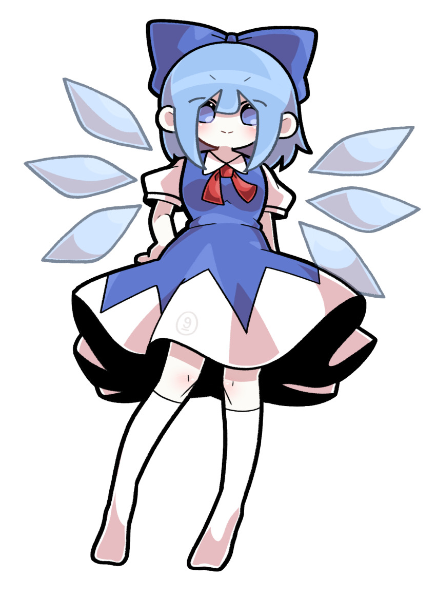 1girl baek_ban blue_bow blue_dress blue_eyes blue_hair bow bowtie circled_9 cirno closed_mouth commentary dress full_body hair_bow hand_on_own_hip highres medium_hair no_shoes pinafore_dress puffy_short_sleeves puffy_sleeves red_bow red_bowtie short_sleeves simple_background sleeveless sleeveless_dress smile socks solo tachi-e touhou v-shaped_eyebrows white_background white_sleeves white_socks