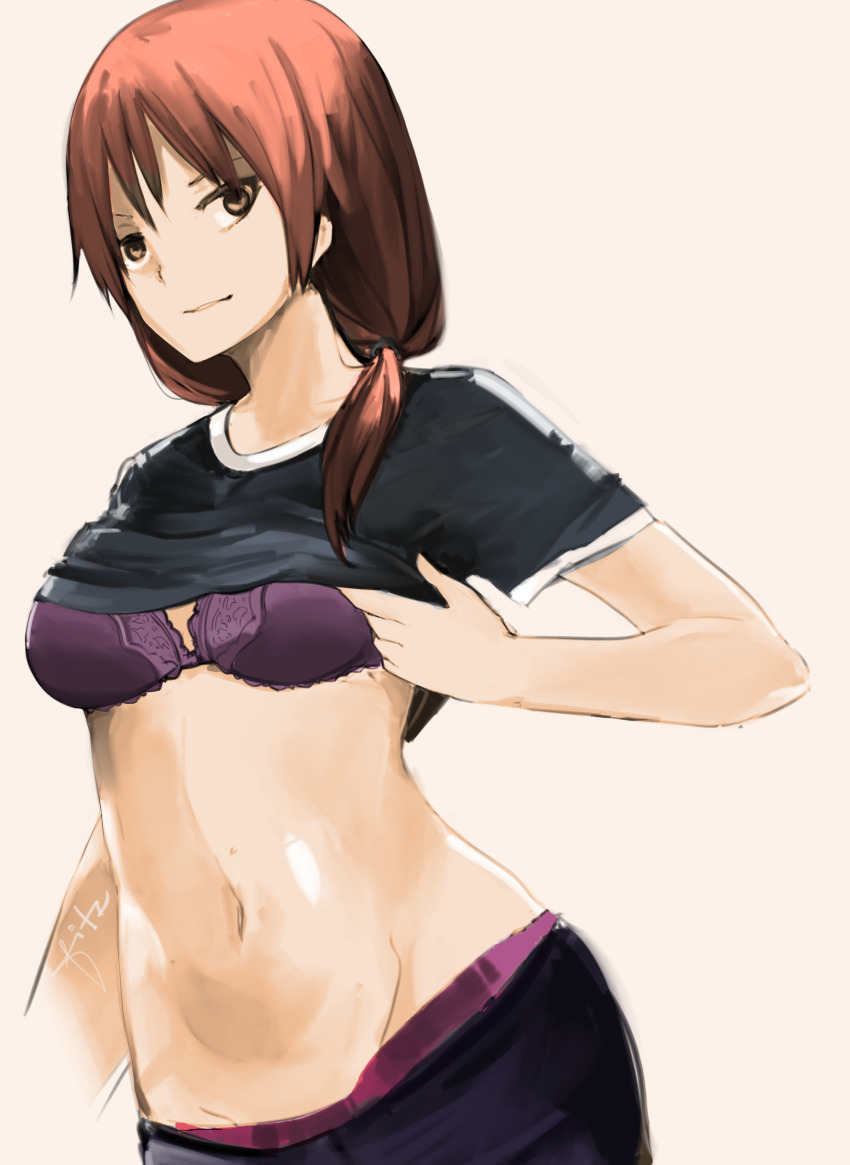 1girl absurdres aho_girl bra brown_eyes brown_hair clothes_lift field fitz_(fita_is_the_smartest) flower flower_field hanabatake_yoshie highres lifting_own_clothes looking_at_viewer midriff purple_bra shirt_lift solo underwear