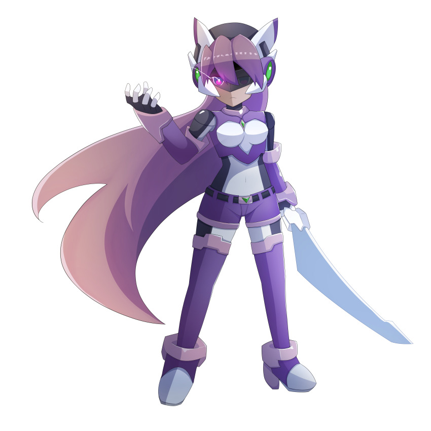 1girl absurdres alternate_color alternate_costume alternate_hairstyle armor energy_sword belt bodystocking boots breasts chest_jewel ciel_(mega_man) commission commissioner_upload elbow_gloves energy_sword full_body gloves glowing glowing_eye helmet highres holding holding_weapon long_hair looking_at_viewer mechanical_ears mega_man_(series) mega_man_zero_(series) mega_man_zx model_z_(mega_man) non-web_source purple_eyes purple_hair rytopen shorts small_breasts sword thigh_boots transparent_background weapon zero_nightmare_(mega_man)